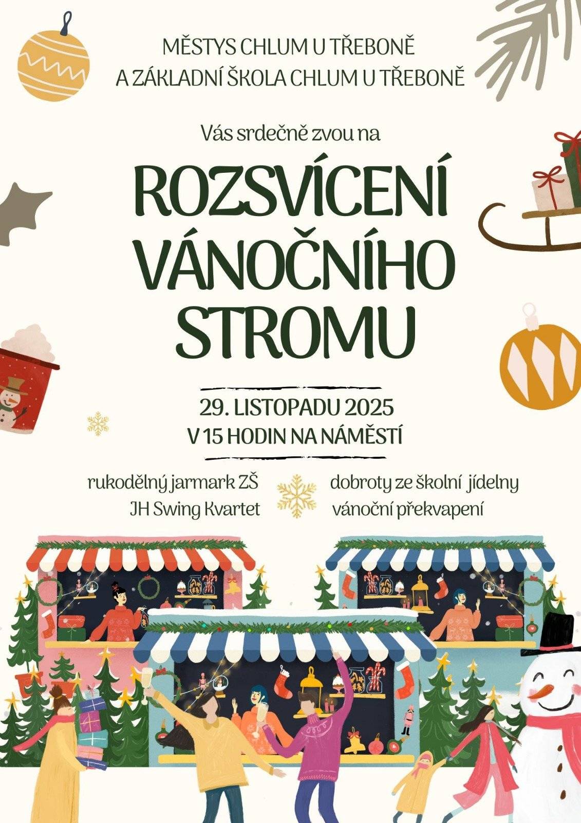 Zveme Vás na slavnostní rozsvícení vánočního stromu v sobotu 29. listopadu od 15 hodin na Náměstí. Součástí bude řemeslný trh základní školy, občerstvení, muzika i prodej chlumského kalendáře 2026. Hrnky na punč nebo čaj si, prosím, vezměte sebou. Děkujeme!