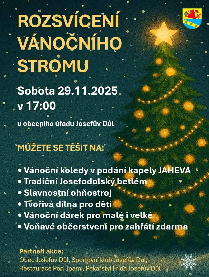 Vážení sousedé, zveme vás na tradiční rozsvícení Josefodolského vánočního stromu. Sobota 29.11 od 17:00.