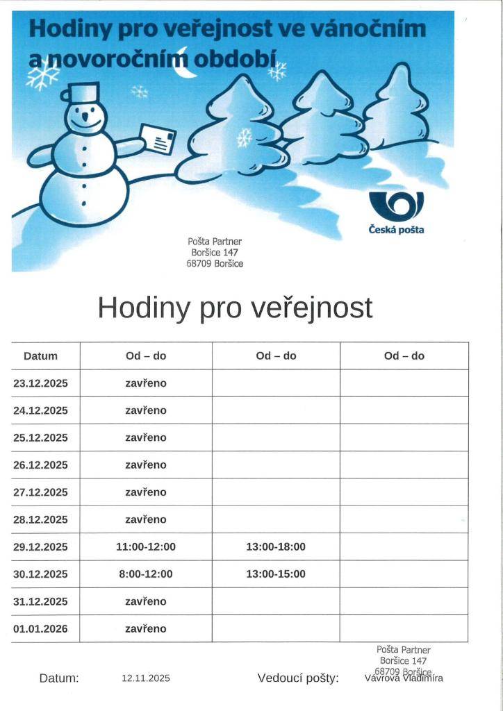 Pošta Partner v Boršicích oznamuje změny v provozních hodinách během vánočních svátků. Od 23. do 28. prosince 2025 bude pošta uzavřena, a to včetně Štědrého dne. Otevřena bude 29.12. od 11:00 do 12:00 a od 13:00 do 18:00 a 30.12. od 08:00 do 12:00 a od 13:00 do 15:00 hodin.
