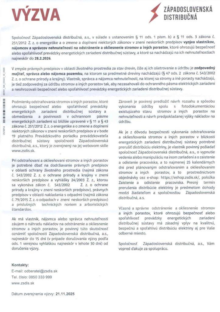 Výzva Západoslovenskej distribučnej, a. s. na odstránenie a okliesnenie stromov a iných porastov najneskôr do 28.2.2026.