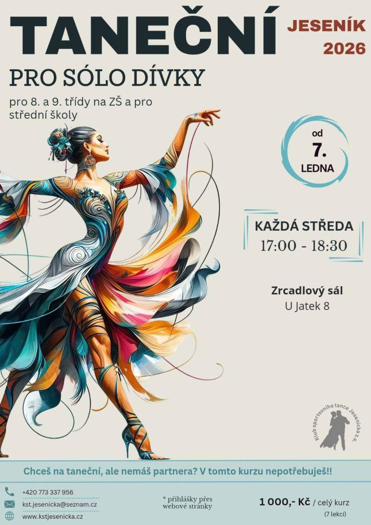 Taneční kurz je rozvržen do 7 lekcí po 1,5 hodinách. Lekce budou probíhat každou středu od 17.00 do 18.30 hod. v našich prostorách na SŠGFaS, U Jatek 8, Jeseník (zelená budova - 1. poschodí).