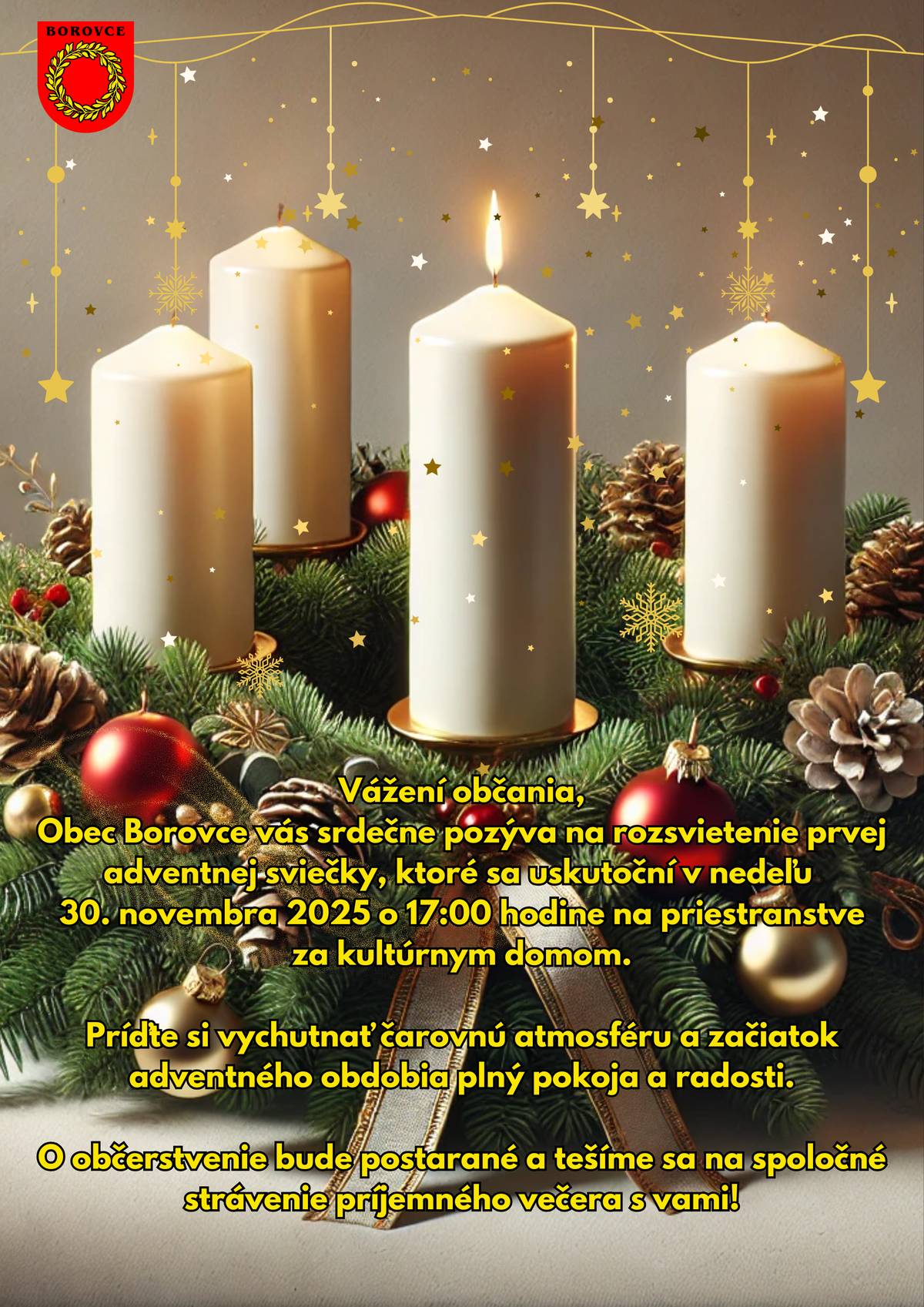 Obec Borovce vás srdečne pozýva na rozsvietenie prvej adventnej sviečky