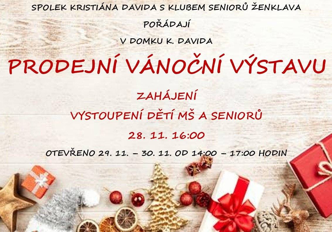 Spolek Kristiána Davida společně s Klubem seniorů Ženklava vás srdečně zve na tradiční vánoční prodejní výstavu v domku K. Davida. ✨ Zahájení: 28. 11. v 16:00 - proběhne vystoupení dětí MŠ a seniorů. 🕒 Otevřeno pro veřejnost: 29. 11. – 30. 11. od 14:00 do 17:00. Přijďte se naladit na vánoční atmosféru, podpořit místní seniory i děti a pořídit si vánoční dekorace či drobné dárečky. ❤️🎁