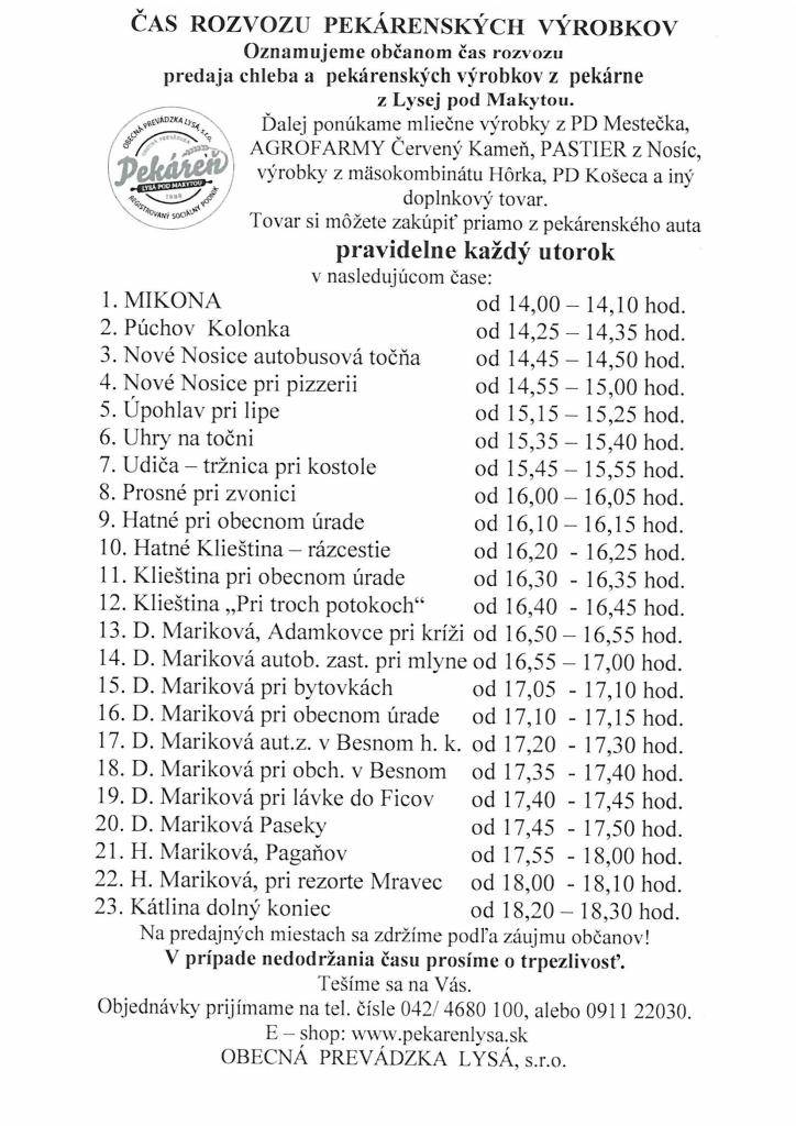 Pekáreň Lysá pod Makytou - ponuka pekárenských výrobkov