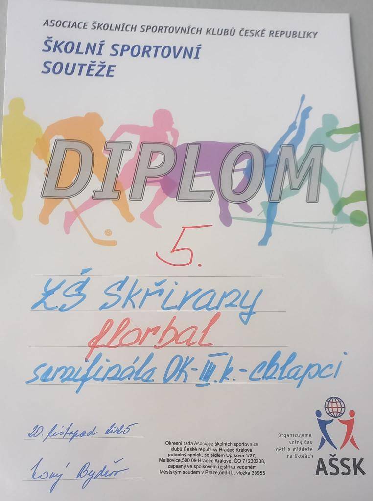 Ve čtvrtek 20. listopadu 2025 se výběr žáků 6. a 7. ročníku ZŠ Skřivany zúčastnil florbalového turnaje v Novém Bydžově. Po dlouhé a poctivé přípravě tým nakonec obsadil 5. místo. Turnaj přinesl mnoho cenných zkušeností, hezké momenty i bojovné výkony.