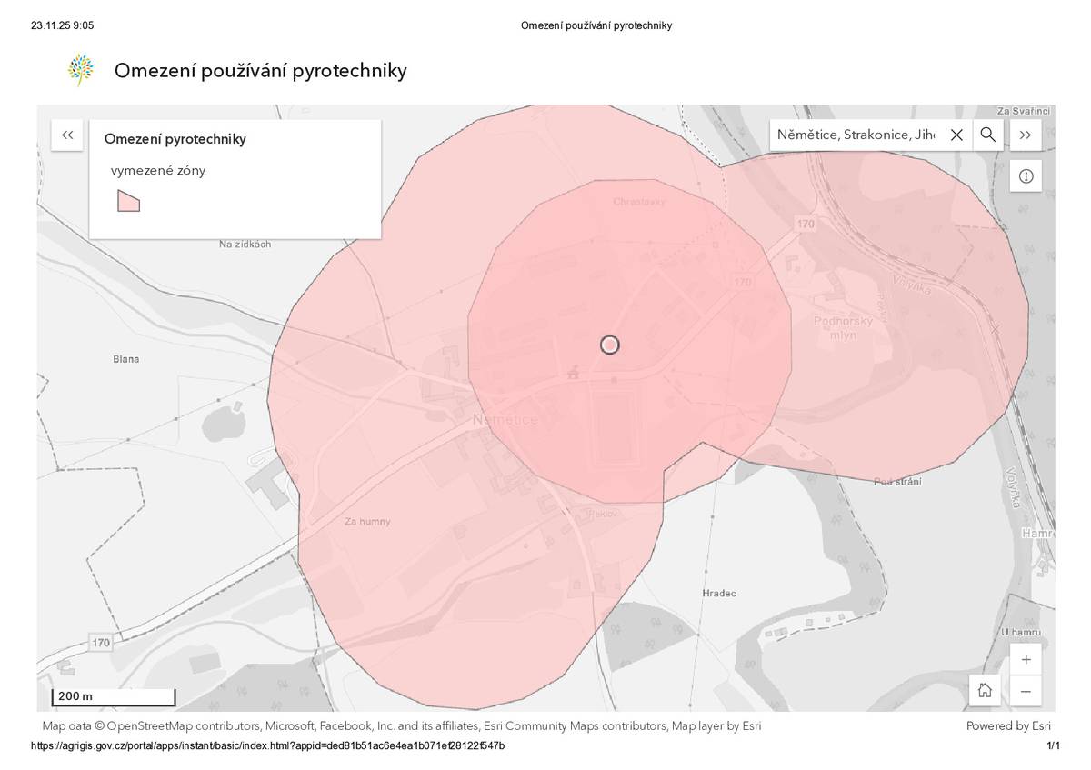 Od 1.12.2025 platí vyhláška o zákazu používání pyrotechniky v obcích. Na přiložené mapě je zobrazeno území obce Němětice, kde se nesmí pyrotechnika používat. Vyjímka je na pyrotechniku skupiny F1. (prskavky, bouchací kuličky atd.)