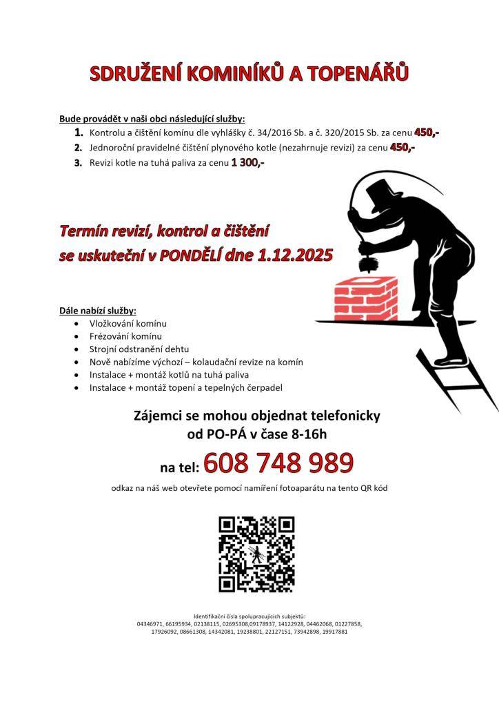 Oznámení o čištění komínů a revizi kotlů