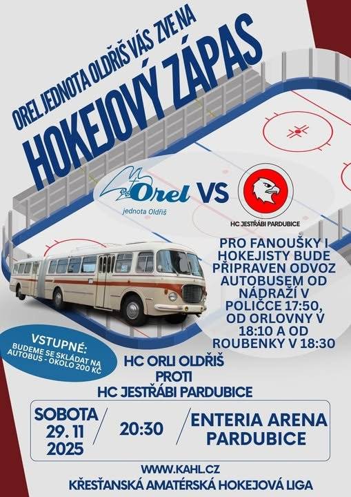 Hokejový zápas v Pardubicích - doprava zajištěna - viz příloha.