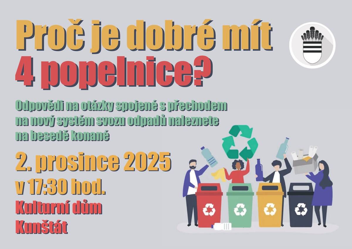 Proč je dobré mít 4 popelnice? Odpovědi na otázky spojené s přechodem na nový systém svozu odpadů naleznete na besedě konané 2. prosince 2025 v 17:30 hod. v kulturním domě v Kunštátě.