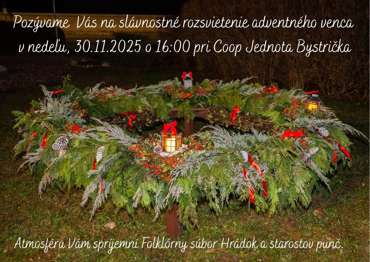 Srdečne vás pozývame na slávnostné zapaľovanie prvej adventnej sviečky, ktoré sa uskutoční túto nedeľu o 16:00 pri Coop Jednota.Atmosféru spríjemní vystúpenie Folklórneho súboru Hrádok a o teplý punč sa postará náš pán starosta.Príďte s nami spoločne otvoriť obdobie adventu, zastaviť sa na chvíľu v predvianočnom zhone a užiť si priateľskú pohodu pri svetle sviečky.Tešíme sa na vás!