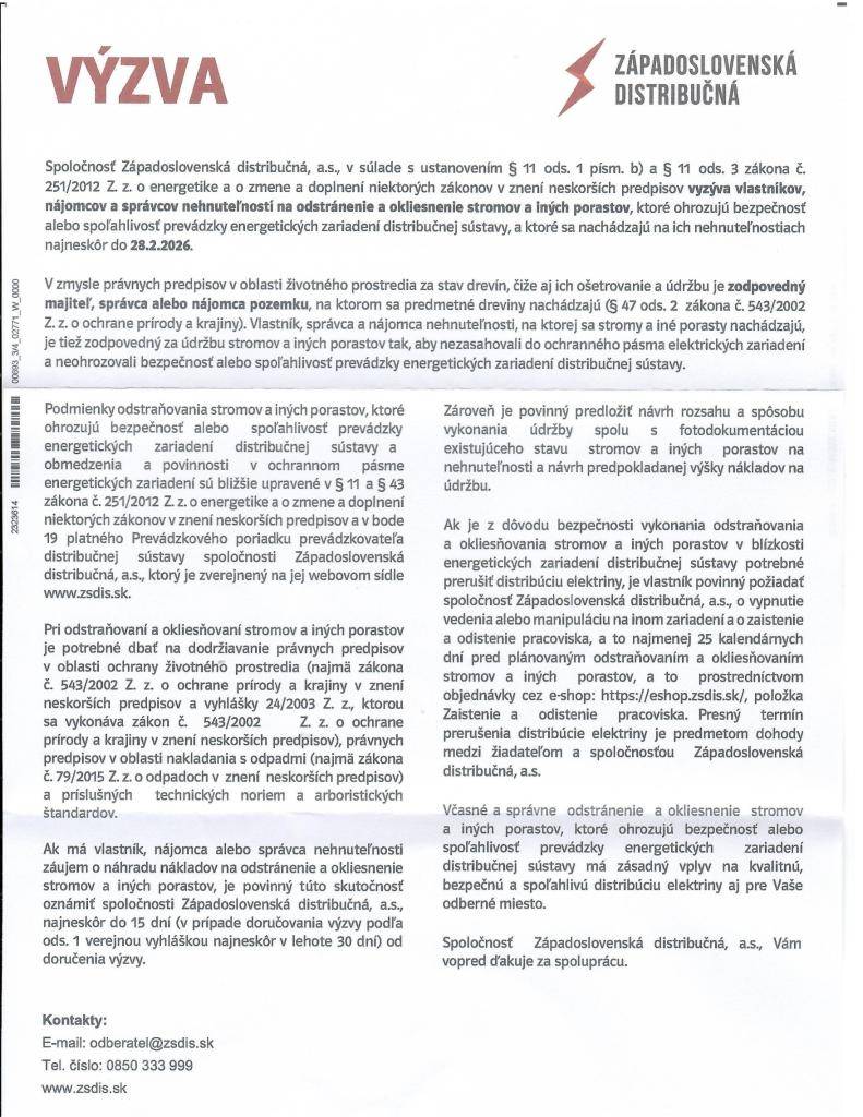 Západoslovenská distribučná Výzva pre vlastníkov nehnuteľností