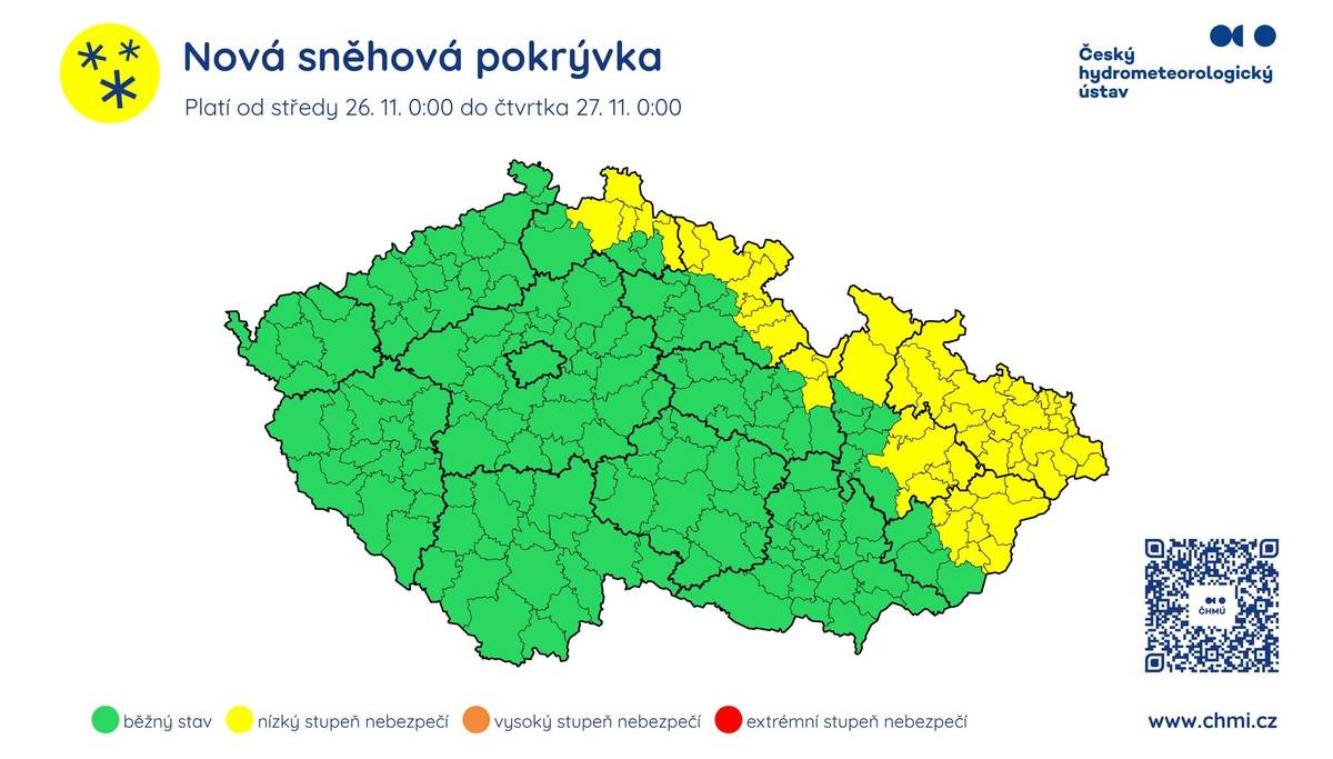 ORP Frýdlant 26. 11. 00:00–24:00 🌨️ Místy může napadnout 10–20 cm, na horách až 25 cm nového sněhu. 📝 Popis a dopady: Očekávají se komplikace při chůzi, v dopravě, zásobování apod. V případě mokrého sněhu dochází ke škodám na stromech a lesním porostu, drátech elektrických vedení a k výpadkům v energetice. ❗🌲⚡ 🚗 Doporučení: • Sledujte dopravní zpravodajství • Jezděte velmi opatrně • Nezapomeňte na zimní výbavu, do hor i sněhové řetězy ⛓️ • Na horách dodržujte pokyny Horské služby 🏔️