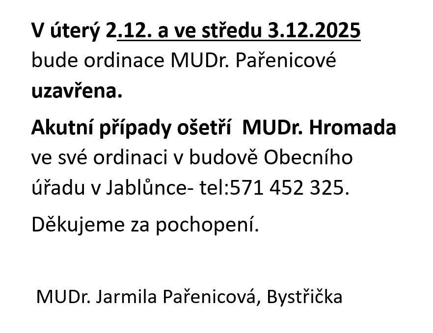 Oznámení praktického lékaře - zavřeno úterý 2. a středa 3.12.2025.
