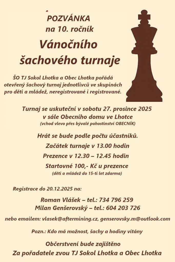 v sobotu 27. 12. 2025 od 13.00 hod v sále Obecního domu ve Lhotce