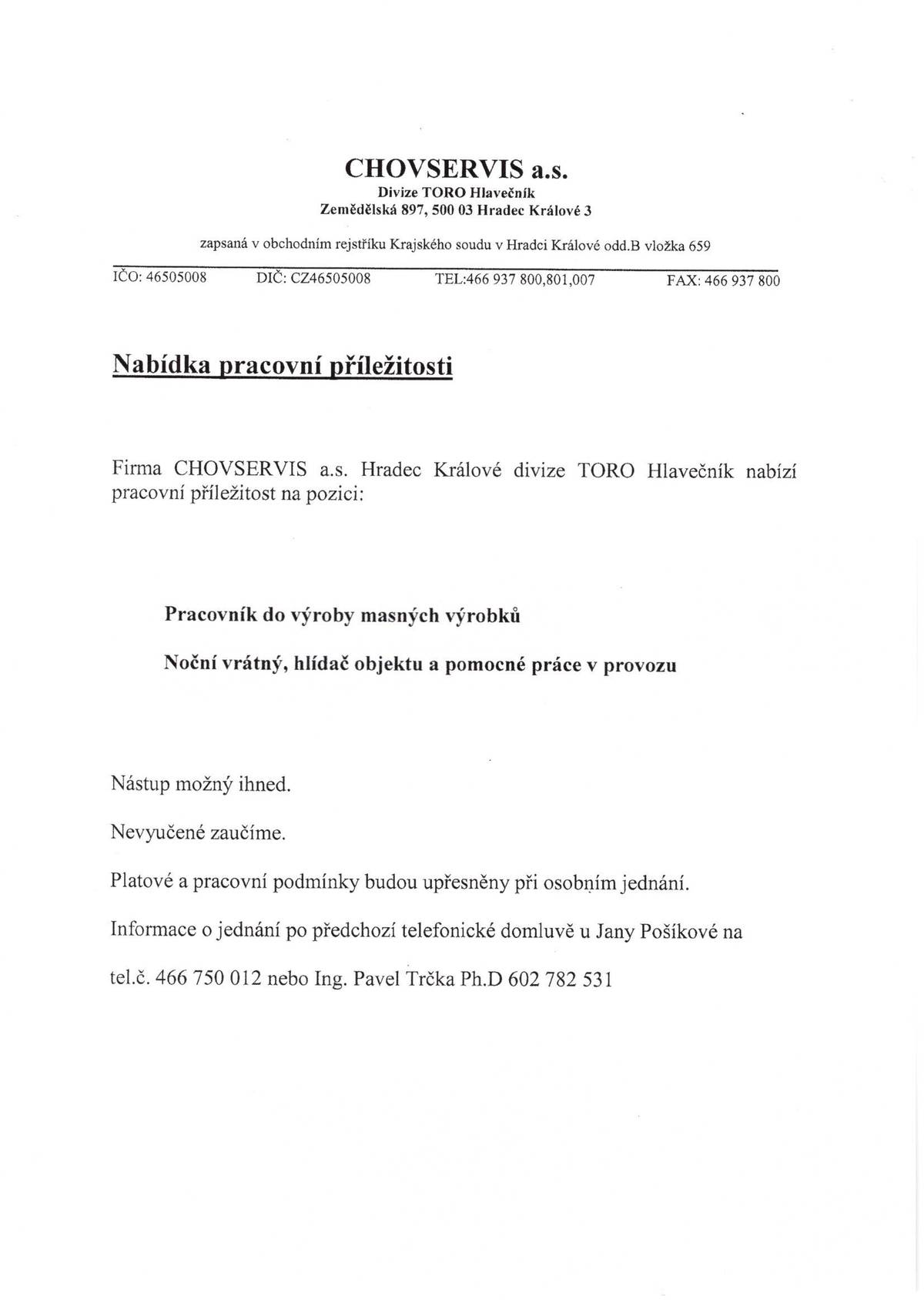 Nabídka práce - TORO Hlavečník - pracovník do výroby, noční vrátný