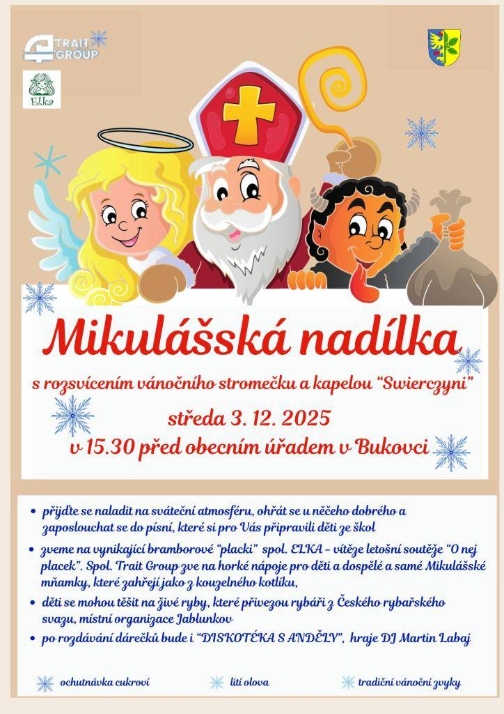 Mikuláš dorazí do Bukovce ve středu 3. 12. 2025 od 15:30.   Srdečně zveme!