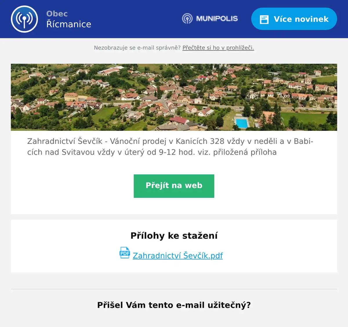 Zahradnictví Ševčík - Vánoční prodej v Kanicích 328 vždy v neděli a v Babicích nad Svitavou vždy v úterý od 9-12 hod. viz. přiložená příloha