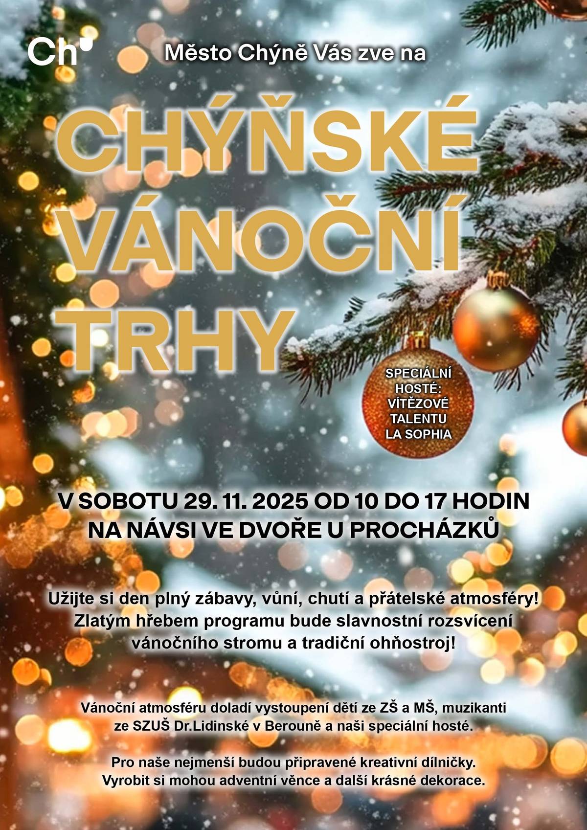🎄Vážení obyvatelé, s radostí vám představujeme program na vánoční trhy, které se konají již tuto sobotu 29. 11. 2025 na nádvoří u Procházků. Více informací k trhům naleznete zde:  Těšíme se na vás