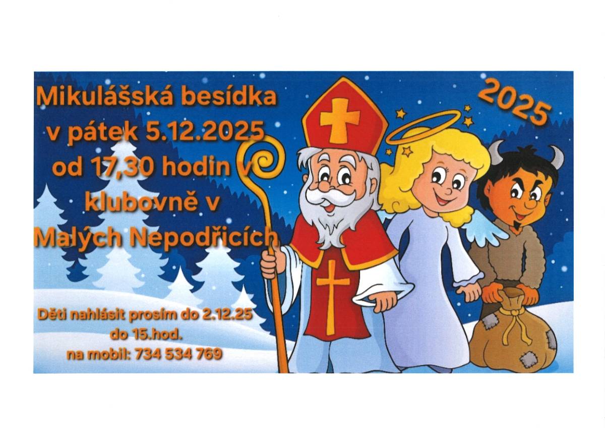 V pátek 5. 12. 2025 od 17:30 hodin se bude konat v Malých Nepodřicích Mikulášská besídka.