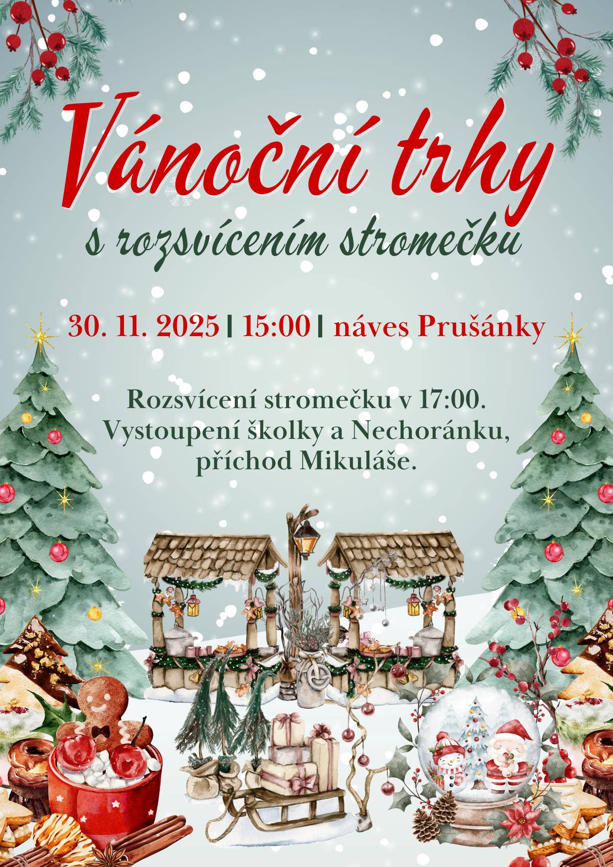 Srdečně vás zveme na vánoční trhy a rozsvícení vánočního stromečku na náves v neděli 30. listopadu. Vánoční trhy odstartují v 15:00. Šikovné ručičky z Prušánek si pro vás připravili vánoční dekorace všeho druhu, těšit se můžete také na svařák a občerstvení od Cateringu Richard, Dobrokavárny a dalších. V 17:00 rozsvítíme stromeček a s vánočním programem vystoupí školka a Nechoránek. A přijde i Mikuláš. Vánoční trhy: Květinářství Eva MacraEma Ručně tvořené poklady Dárečky ze školičky Medové dobroty Vánoční školní tvoření Dobrokavárna Vánoční dárečky Sladké mámení Muzejní spolek Prušánky V knihovně budou vánoční dílničky, kde si děti mohou vyrobit originální vánoční dekorace se spolkem Čarometle. Chybět nebude také Ježíškova pošta.  Přijďte nasát vánoční atmosféru.  Těšíme se na vás.
