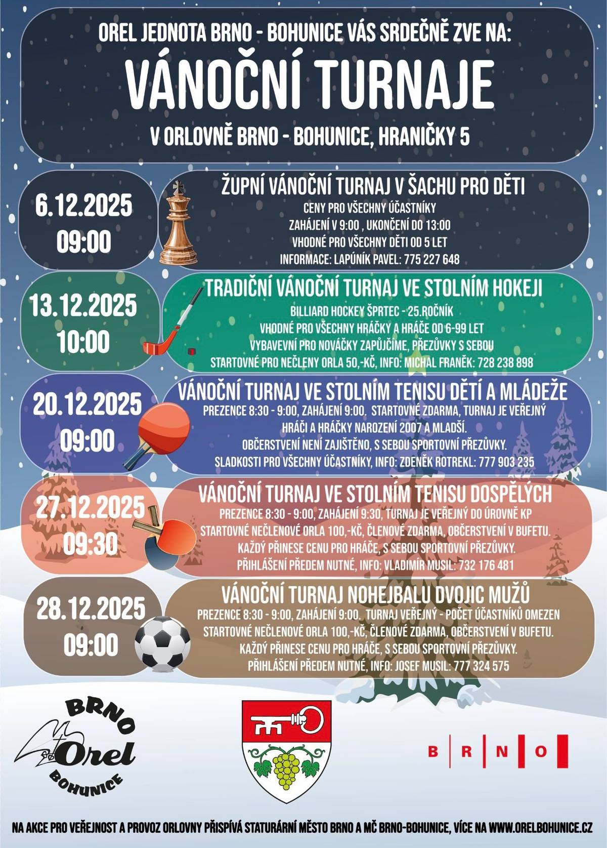 Vážení spoluobčané, srdečně zveme dětí, mládež i dospělé na naše turnaje konané v prosinci v orlovně Hraničky 5. Jménem vedoucích oddílů Michal Franěk, člen rady.