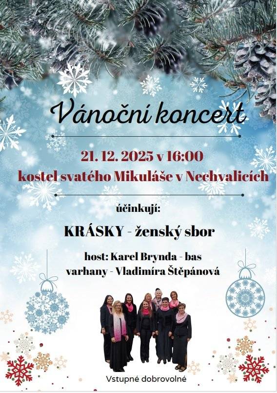 Neseďte doma za pecí a přijďte zažít atmosféru Vánočního koncertu podtrženou kouzlem našeho kostela sv. Mikuláše v Nechvalicích, který se uskuteční v neděli 21. prosince 2025 od 16:00.