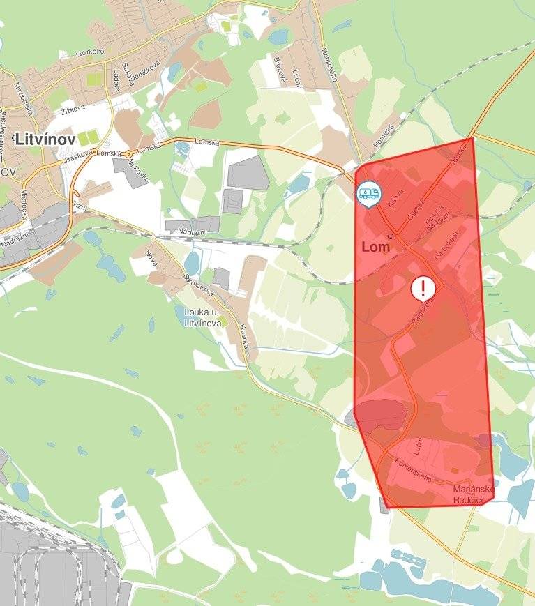 Vážený zákazníku, z důvodu havárie na vodovodu může dojít ve vyznačené lokalitě Lom k přerušení dodávky vody od 12:00 do 16:00. Náhradní zásobování bude zajištěno.