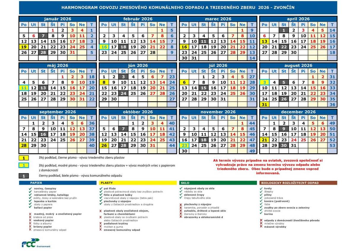 Harmonogram odvozu odpadu v našej obci v roku 2026. Harmonogram bude pracovníkmi OcÚ distribuovaný aj do domácností.