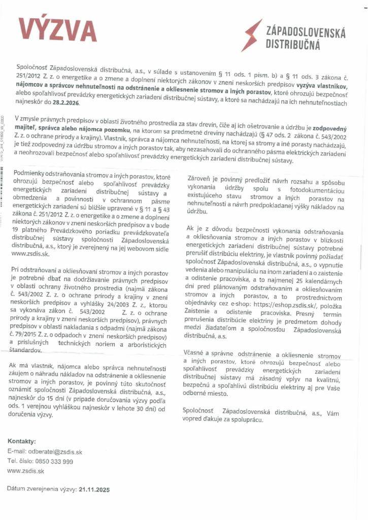 Výzva na odstránenie a okliesnenie stromov a iných porastov do 28.02.2026