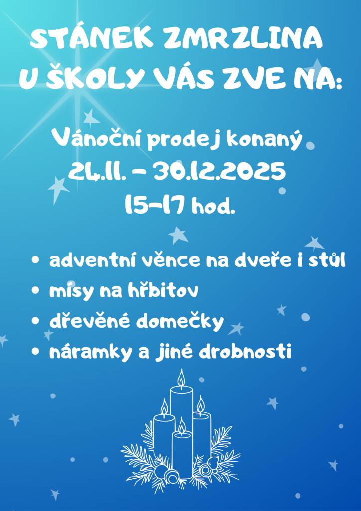 Ve stánku ZMRZLINA U ŠKOLY je pro vás připraven vánoční prodej dekorací konaný ve dnech 24. 11. 2025 - 30. 12. 2025.
