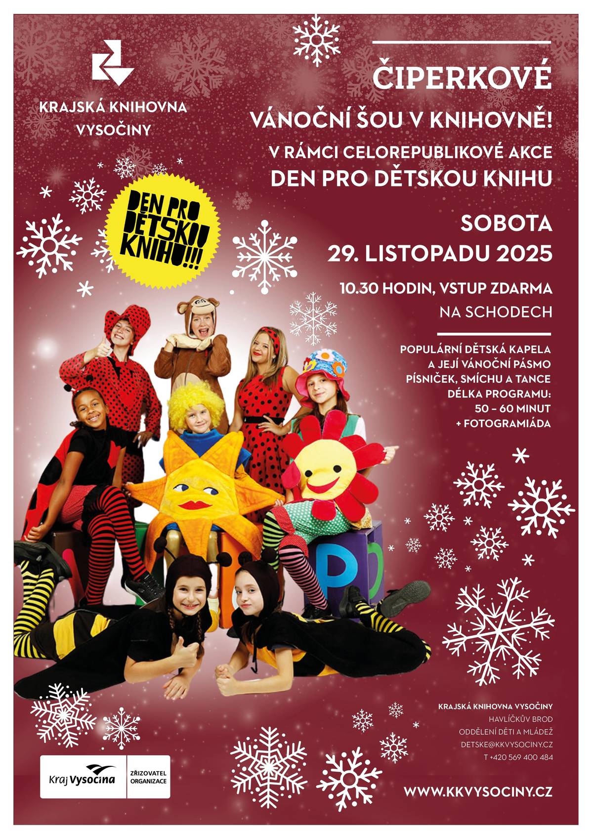 Krajská knihovna Vysočiny v Havlíčkově Brodě zve děti i jejich rodiče na sobotní dopoledne věnované dětským knihám a čtení. Akce se uskuteční 29. listopadu 2025 od 8.30 do 11.30 hod. a nabídne pestrý program pro všechny věkové skupiny. Dopoledne zahájí vystoupení dětí z kroužku divadelní průpravy AZ Centra HB pod vedením Marie Domkářové. V průběhu celého programu bude pro malé návštěvníky otevřena tvůrčí dílna Adventní věneček a také zábavná stezka Brána do pekla. Návštěvníci se mohou těšit na premiéru scénického čtení LiStOVáNí s názvem Mami, pocem! a závěr dopoledne rozzáří oblíbení Čiperkové se svou vánoční show. Vstup je zdarma.