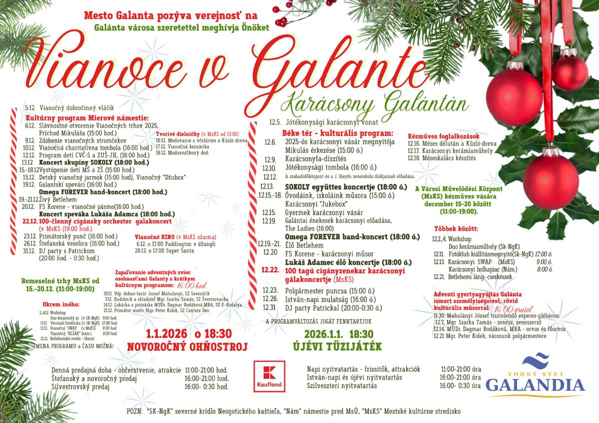 Začíname magický adventný čas v Galante!  Mesto Galanta vás pozýva prežiť s nami predvianočné obdobie.  Prinášame vám bohatý program až do Vianoc – plný svetiel, hudby, tradícií a spoločných zážitkov.