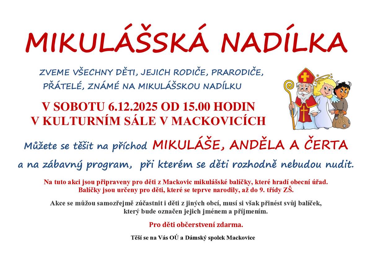 Mikulášská nadílka v sobotu 6.12.2025 od 15:00 hodin v sále kulturního domu v Mackovicích.