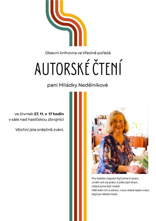 Jsme rádi, že máme v naší obci tak vitální, energické a inspirativní osobnosti, které jsou ochotné podělit se o své příběhy a tvorbu s ostatními. Přijďte strávit příjemný podvečer v atmosféře literatury a setkání s autorkou.