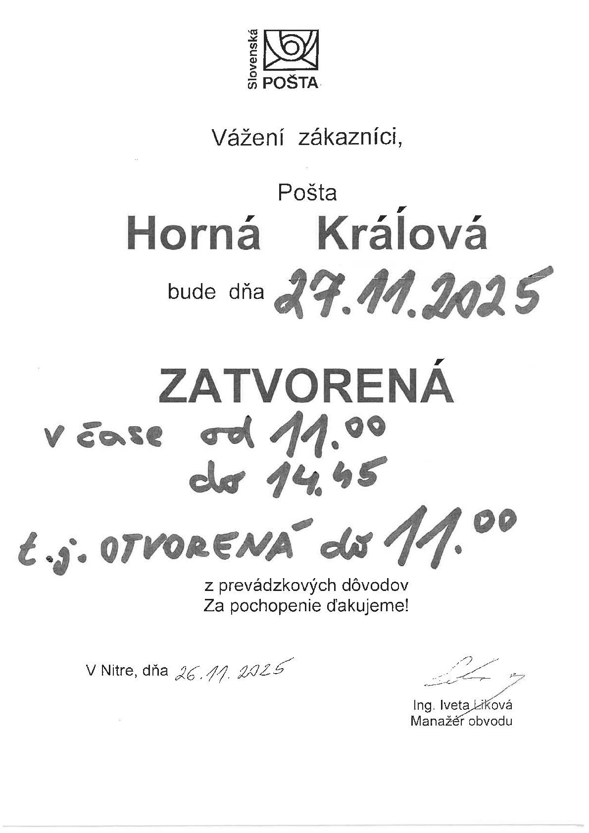 Pošta Horná Kráľová bude vo štvrtok 27.11.2025 otvorená do 11.00 hod