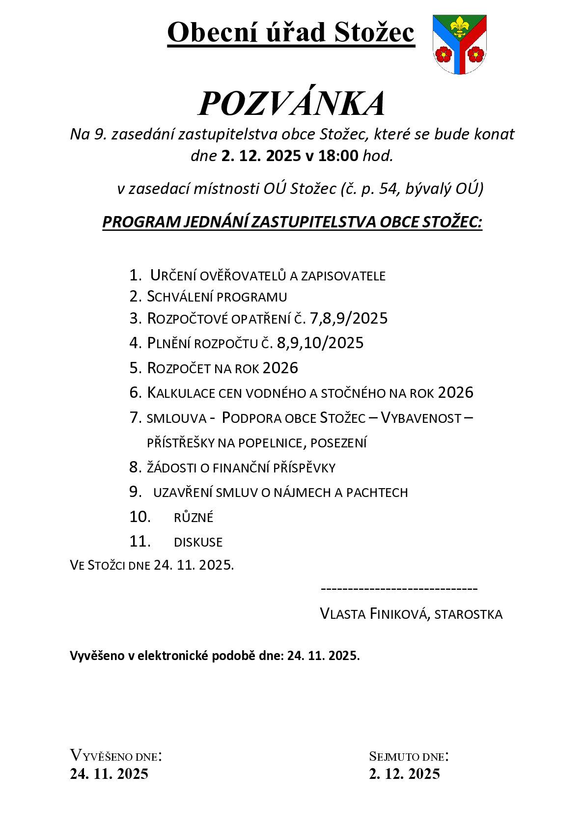 Pozvánka na ZO 2.12.2025