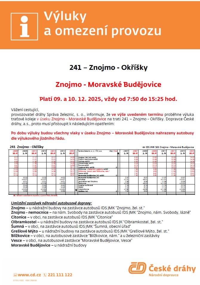 ČD: výluka Znojmo - Mor. Budějovice  9.12. a 10.12.2025
