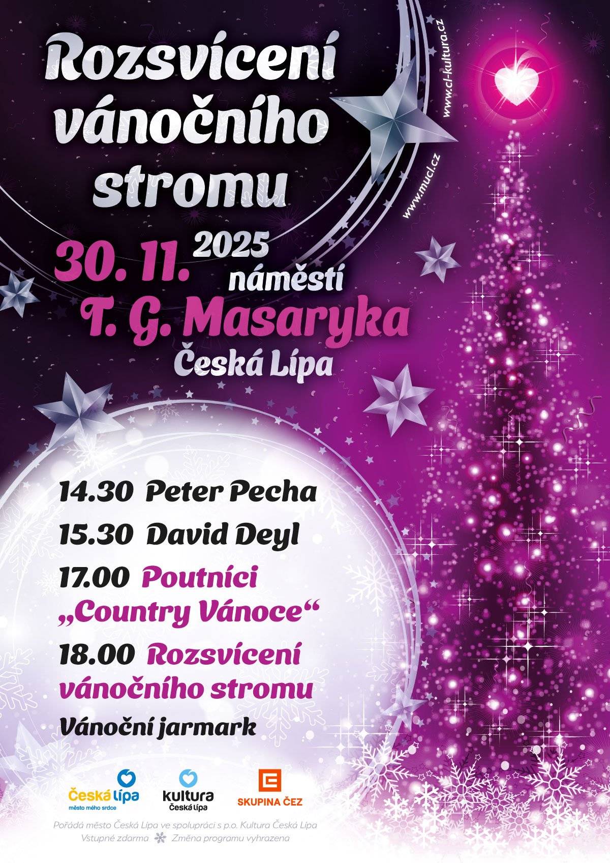Vážení kulturní příznivci, čeká nás advent, pro mnohé nejkrásnější období v roce. V jeho duchu se také nesou programy kulturních organizací v České Lípě, které vám na konci měsíce tradičně posíláme.  Přejeme vám krásný advent, klidně i na některé z akcí, které jsou pro vás připravené.  město Česká Lípa