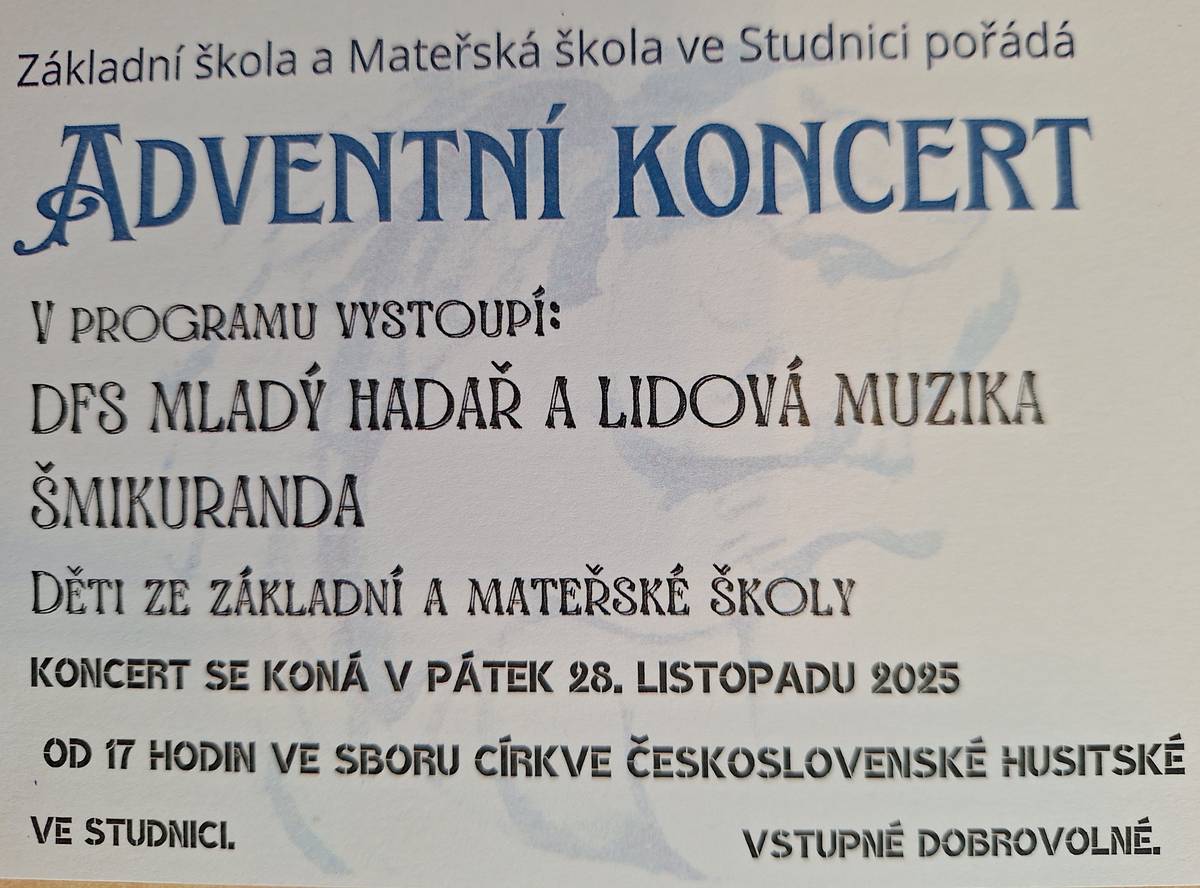 Tradiční adventní koncert dětí ze základní a mateřské školy se koná tento pátek 28.11.2025 od 17 hodin ve sboru Církve československé husitské.