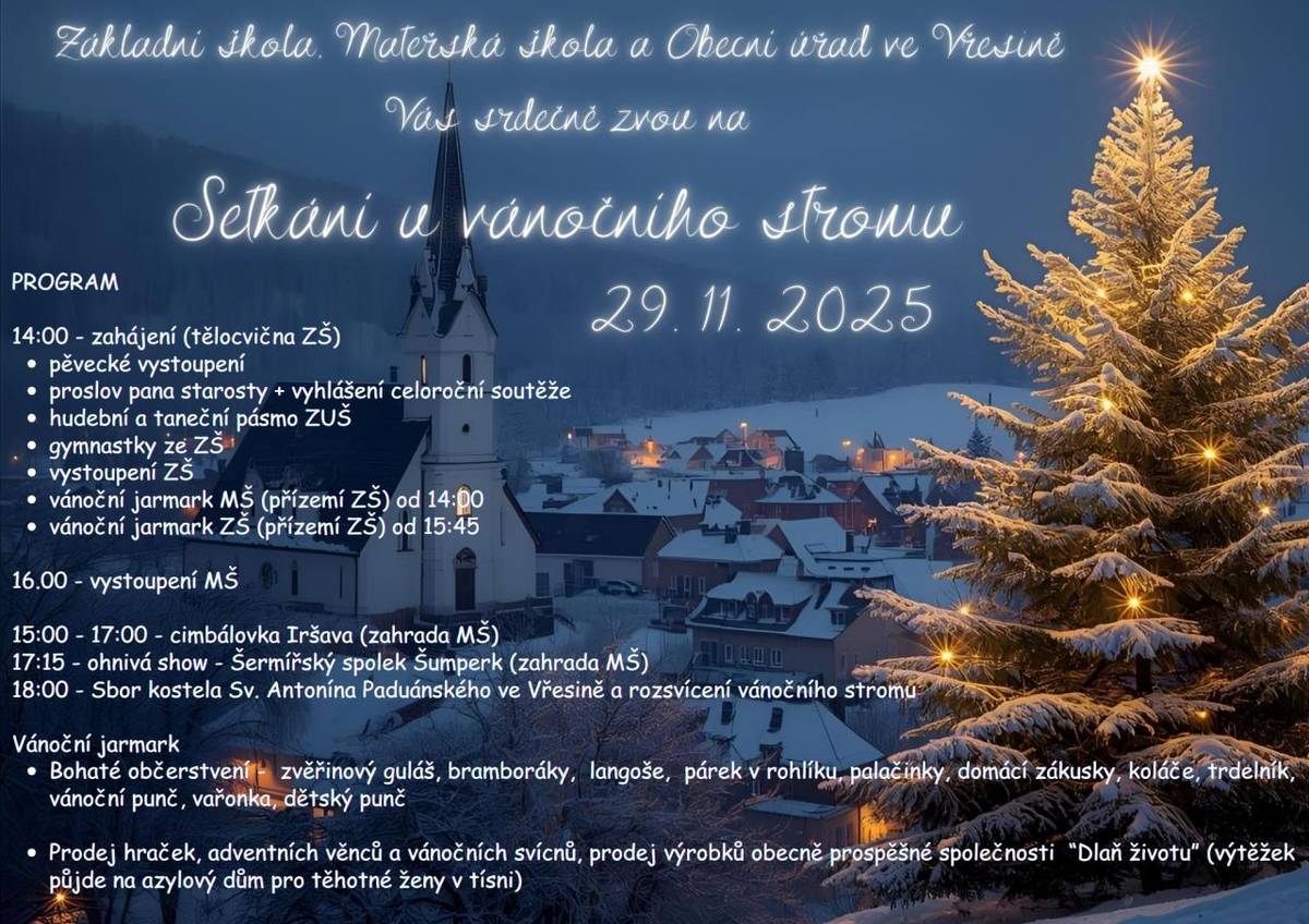 ZŠ a MŠ Vřesina vás srdečně zvou na tradiční setkání u vánočního stromu.