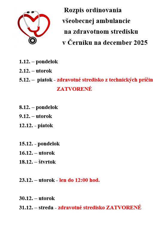 Rozpis ordinovania všeobecných lekárov na december 2025