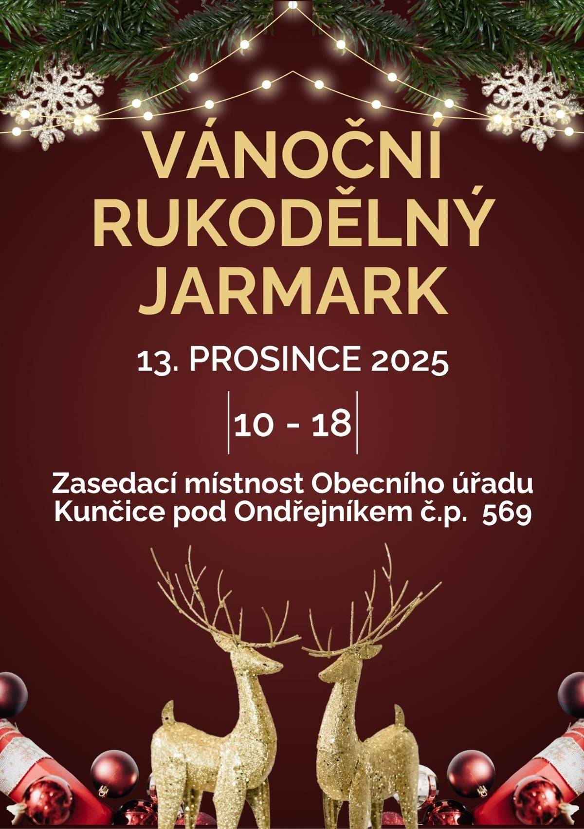 Vážení spoluobčané, milí sousedé,   obecní kalendář pro rok 2026 je již v tisku. Poprvé si jej můžete vyzvednout u paní Kristýny Amálie Heczkové, a to na již třetím Vánočním rukodělném jarmarku, na který Vás všechny srdečně zveme, dne 13. 12. 2025 od 10:00 do 18:00. Opět platí, jako každý rok, že do jedné domácnosti náleží jeden kalendář zdarma. Od pondělí 15. 12. 2025 se pak kalendáře budou vydávat na poště. Po dvou úspěšných ročnících rozšiřujeme prostory také venku. Tak neváhejte, přijďte si nakoupit od lokálních rukodělných výrobců, nasát tu pravou vánoční atmosféru, dát si něco dobrého – a při té příležitosti si můžete Vy, místní, odnést domů také náš kunčický kalendář. https://www.facebook.com/events/1180636560602164 Moc se na Vás všechny těšíme. Zveřejnila: Kristýna Amálie Heczková