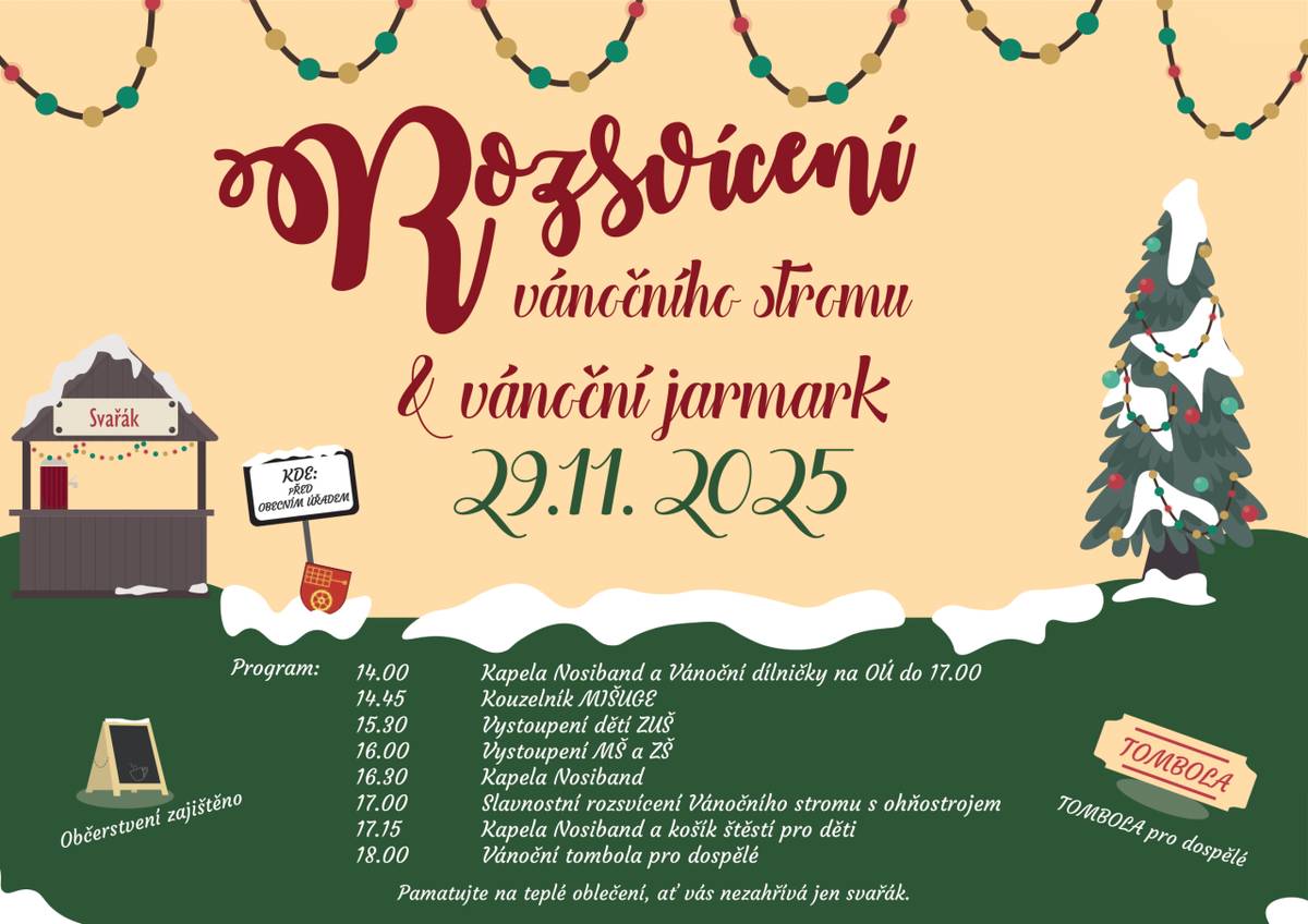 Tradiční rozsvícení Vánočního stromu a jarmark ve Vojkovicích u OÚ Vojkovice, stánky, svařák, kouzelník, zpívání, ohňostroj, tombola atd.