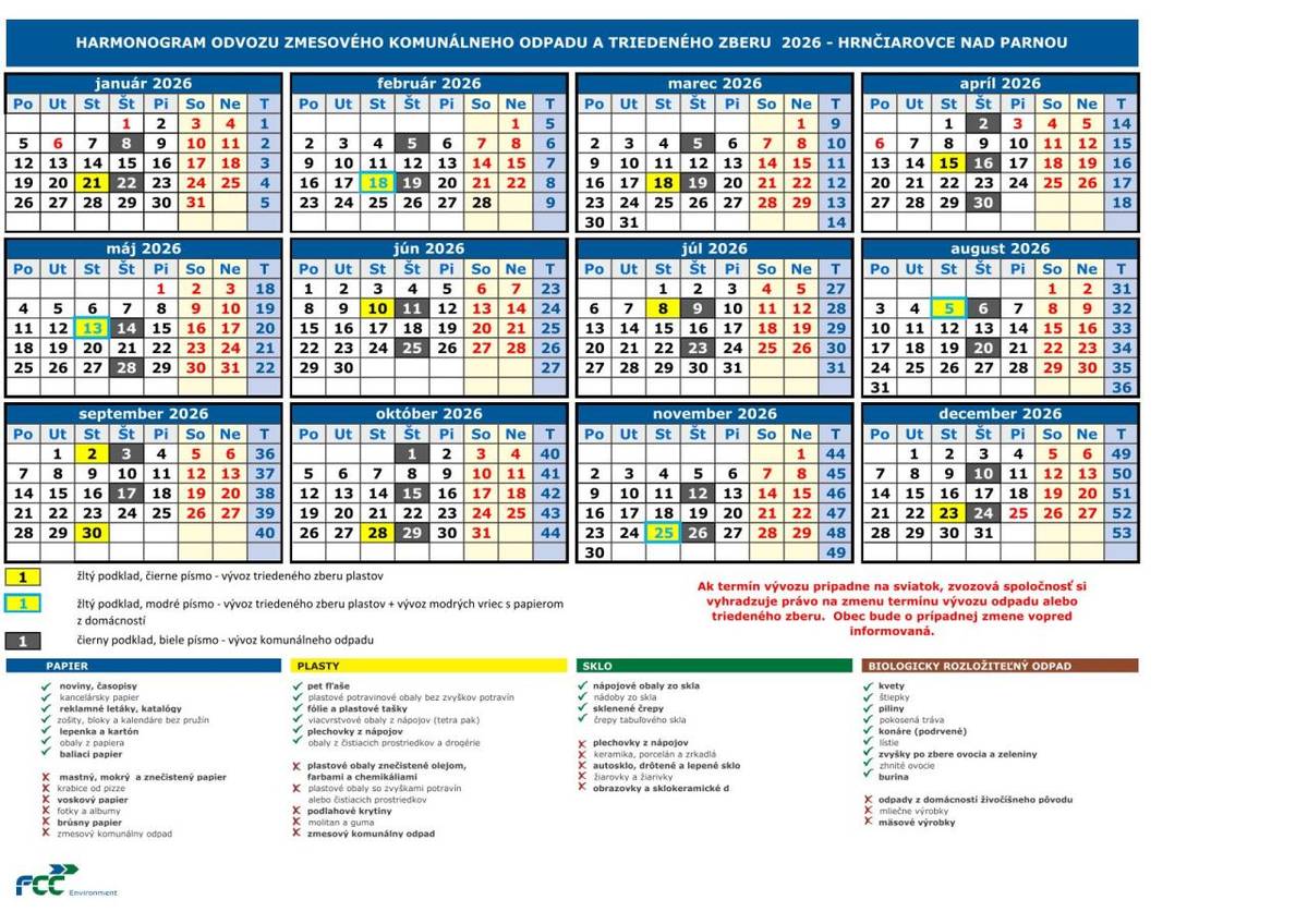 Harmonogram odvozu zmesového komunálneho odpadu a triedeného zberu 2026