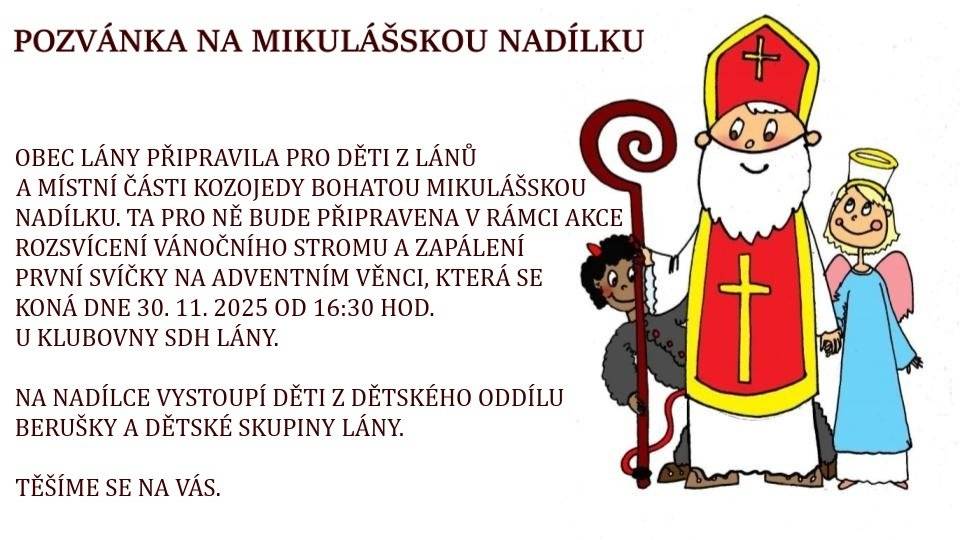 Mikulášská nadílka v Lánech dne 30. 11. 2025 od 16:30 hodin.