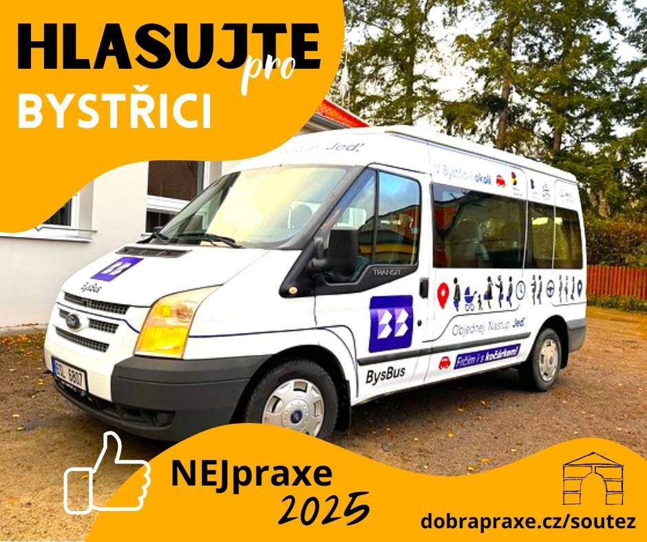 Náš BysBus soutěží o nejlepší praxi v České republice a potřebuje vaši podporu. Dlouho jsme se drželi na první příčce, ale teď nám konkurence šlape na paty. Pomozte nám vrátit se na špici. Jak můžete hlasovat? Hlasování je velmi jednoduché. Stačí u této fotky na Facebooku dát lajk k fotce BysBusu: https://www.facebook.com/photo/?fbid=1237134665126142&set=pcb.1237137345125874 To je vše. Jeden klik a váš hlas je započítán. Každý hlas se počítá Čím více hlasů získáme, tím větší šanci má BysBus na vítězství. Neváhejte proto informaci sdílet se svými přáteli, rodinou a kolegy. Každý hlas nás posouvá blíž k cíli. BysBus je projektem, na který jsme v Bystřici právem hrdí. Pomáhá lidem s dopravou a usnadňuje život mnoha obyvatelům našeho města. Budeme rádi, když mu svým hlasem vyjádříte podporu. Děkujeme.