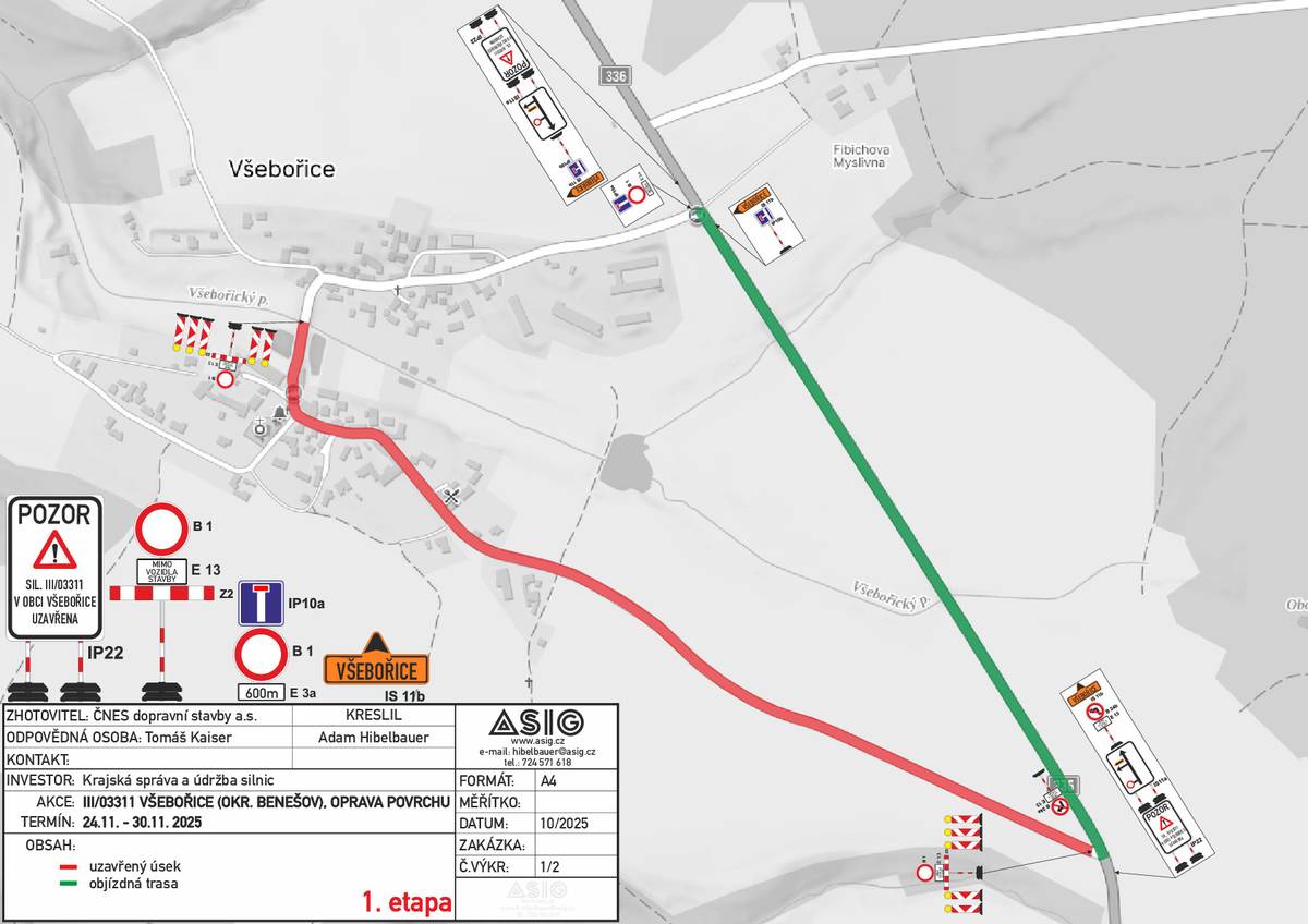 Dáváme na vědomí prodloužení úplné uzavírky silnice č. III/03311 v obci Všebořice. Termín uzavírky: 1.12. - 9.12.2025 Objízdná trasa: vedena pro veškerý silniční provoz po silnici č. II/336.  S pozdravem  Zuzana Černá