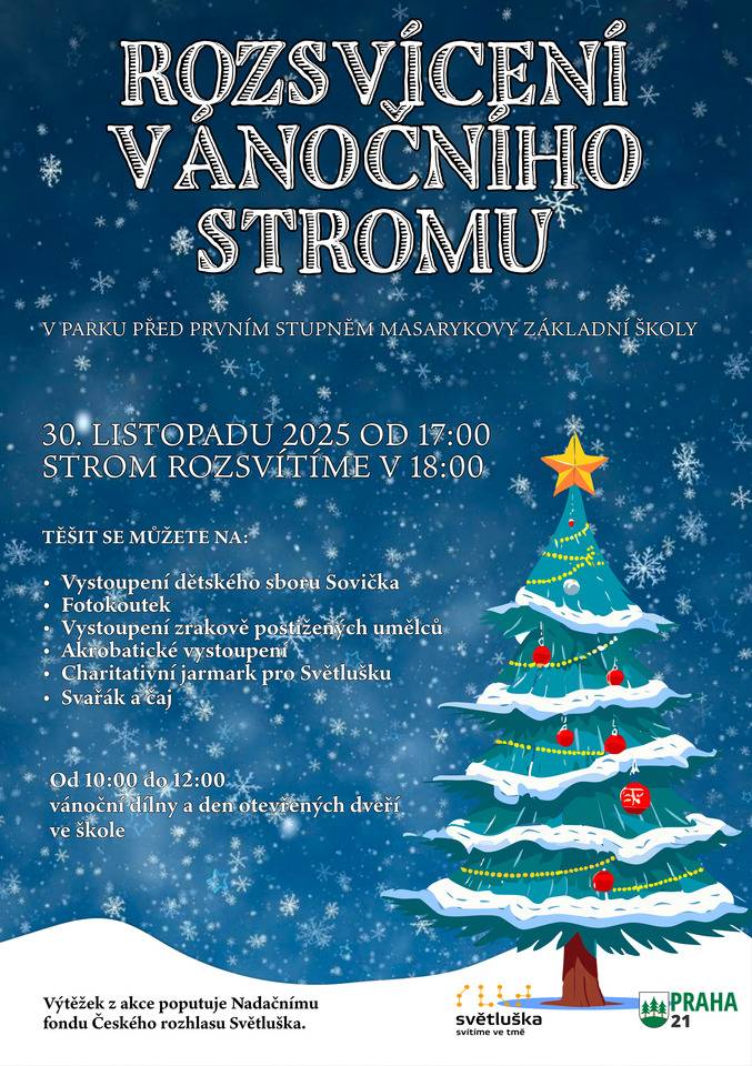 Srdečně vás zveme na tradiční rozsvícení vánočního stromu, které se uskuteční v neděli 30. listopadu 2025 v parku před prvním stupněm MZŠ. Akce začne v 17:00 a vánoční strom společně rozsvítíme v 18:00. Těšit se můžete na vystoupení našich Soviček a dalších účinkujících, fotokoutek a videozónu, vánoční svařák, charitativní jarmark, jehož výtěžek půjde Nadačnímu fondu Českého rozhlasu – Světluška, a pro děti bude připraven KOLOTOČ! Zároveň připomínáme, že v neděli dopoledne od 10:00 do 12:00 budou otevřené všechny budovy ZŠ, včetně Montessori patra, kde si budete moci užít rukodělné dílny a vánoční atmosféru. Přijďte si s námi užít začátek adventu, podpořit dobrou věc a společně rozzářit náš vánoční strom!