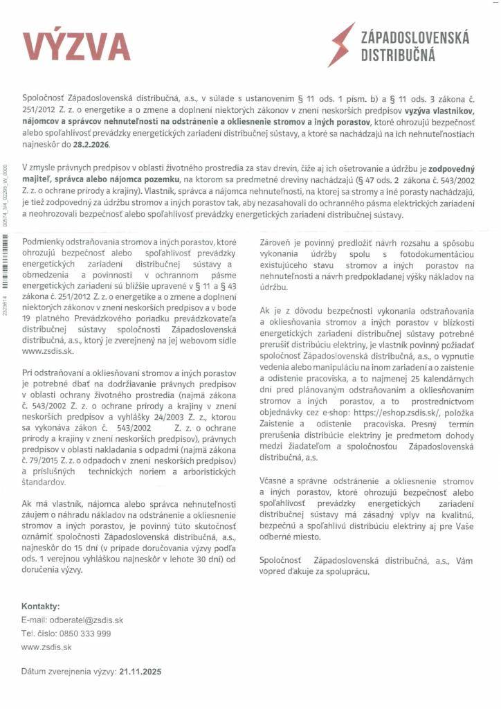 výzva na odstránenie a okliesnenie stromov a iných porastov