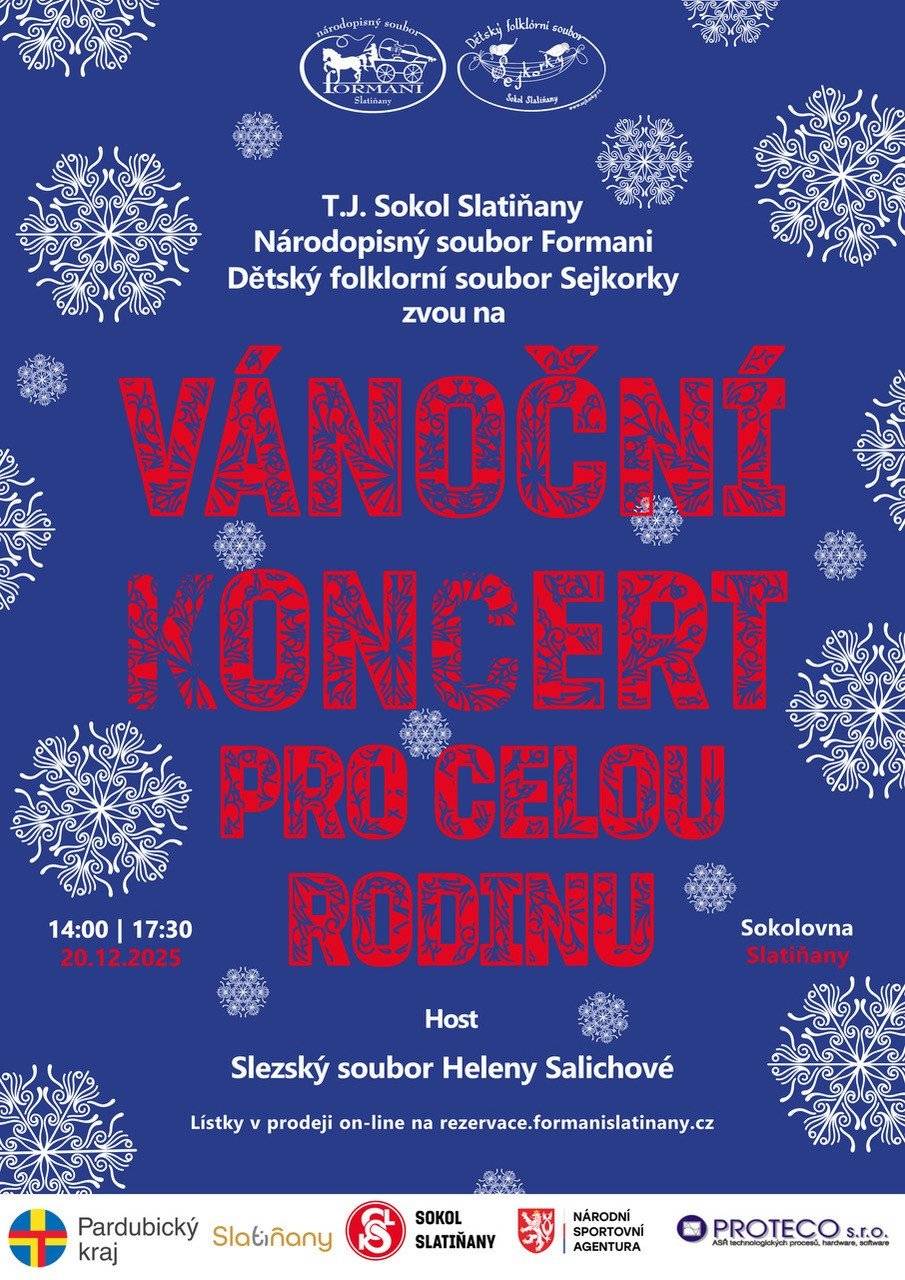 Srdečně vás zveme na tradiční vánoční koncert plný folkloru, hudby a sváteční atmosféry! ✨ Kdy: V sobotu 20. 12. 2025 🕑 Časy vystoupení: 14:00 a 17:30 📍 Sokolovna Slatiňany Vystoupí: 🎻 Národopisný soubor Formani 👧🧒 Dětský folklorní soubor Sejkorky 🌟 Host: Slezský soubor Heleny Salichové Přijďte si užít krásné vánoční chvíle s celou rodinou. 🎫 Lístky jsou v prodeji online na: https://rezervace.formanislatinany.cz